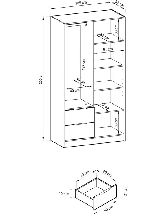 Armoire deux portes avec miroir et lattes anthracite, schéma des dimensions