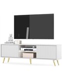 Meuble tv blanc à façades lamellées, ambiance salon avec tableau et branches décoratives