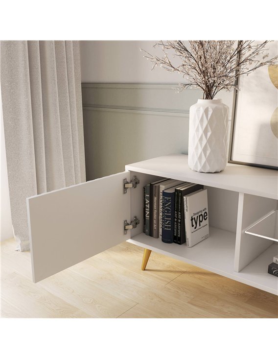 Meuble tv blanc, schéma coté de l'intérieur avec largeurs, profondeur et hauteurs des compartiments