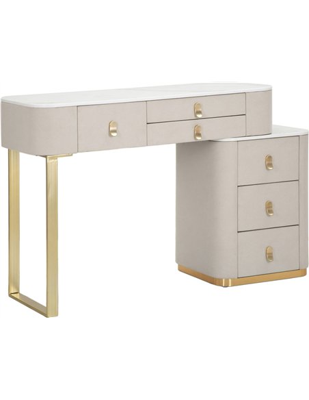 Coiffeuse glamour avec plateau effet marbre beige et pieds dorés
