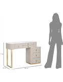 Coiffeuse beige vue de profil avec cotes de dimensions et silhouette humaine