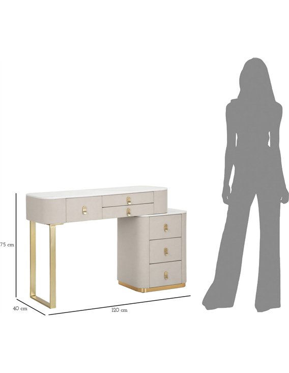Coiffeuse beige vue de profil avec cotes de dimensions et silhouette humaine