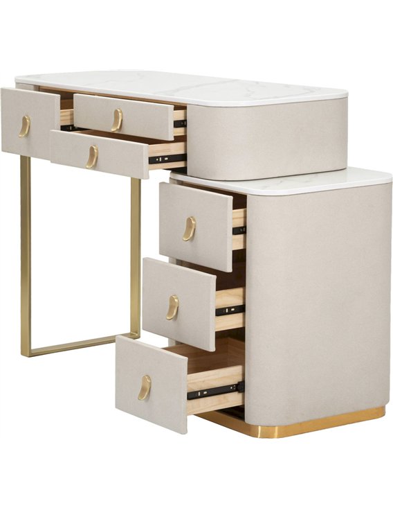 Coiffeuse beige avec tiroirs ouverts montrant les glissières et l'intérieur