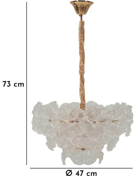 Suspension fleur en verre glamour, vue de face avec cotes de hauteur et de diamètre