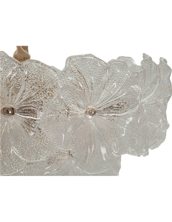 Détail des fleurs en verre texturé de la suspension fleur en verre glamour, avec leurs centres métalliques