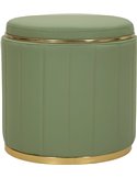 Vue de face du pouf rond vert sauge à capiton vertical et liseré doré