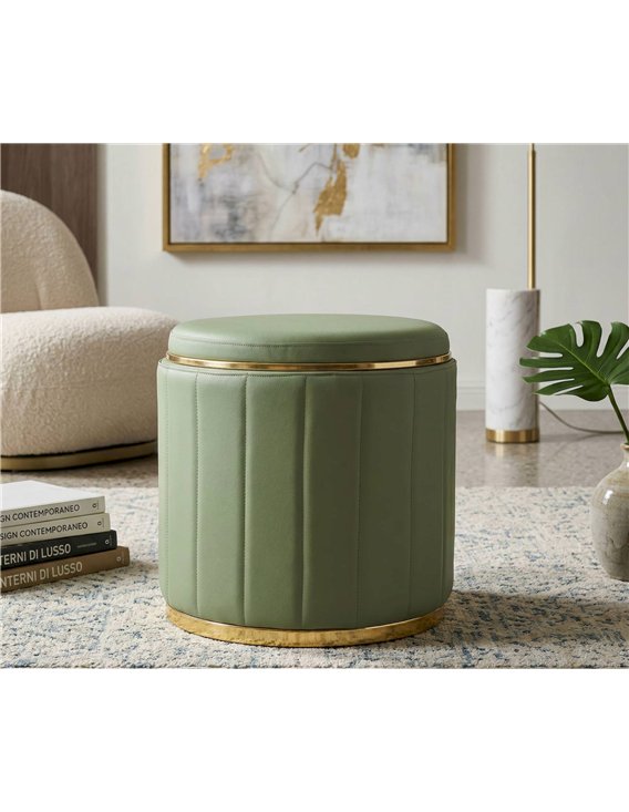 Pouf vert en ambiance de salon, posé sur un tapis, avec livres et plante verte