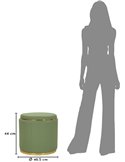 Pouf vert avec schéma de dimensions : hauteur 44 cm, diamètre 46,5 cm, comparé à une silhouette