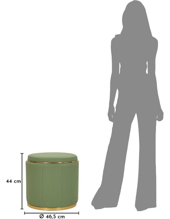 Pouf vert avec schéma de dimensions : hauteur 44 cm, diamètre 46,5 cm, comparé à une silhouette