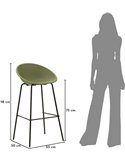 Tabouret de bar ajouré vert sauge avec schéma de dimensions et silhouette