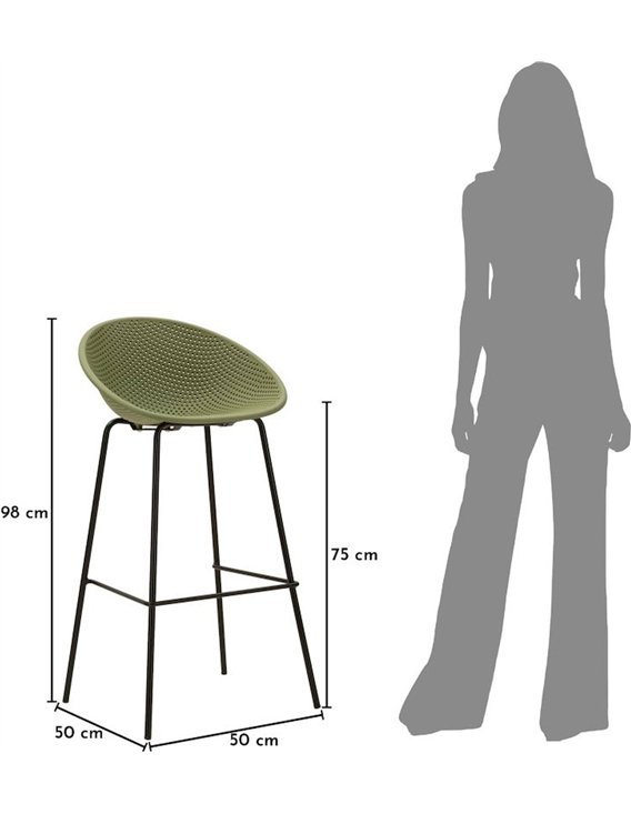Tabouret de bar ajouré vert sauge avec schéma de dimensions et silhouette