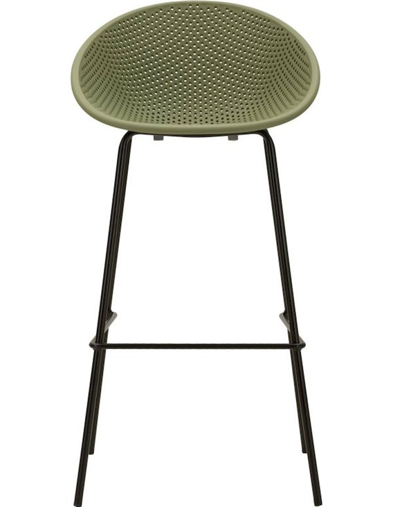 Tabouret de bar ajouré vert sauge vu de face, pieds noirs