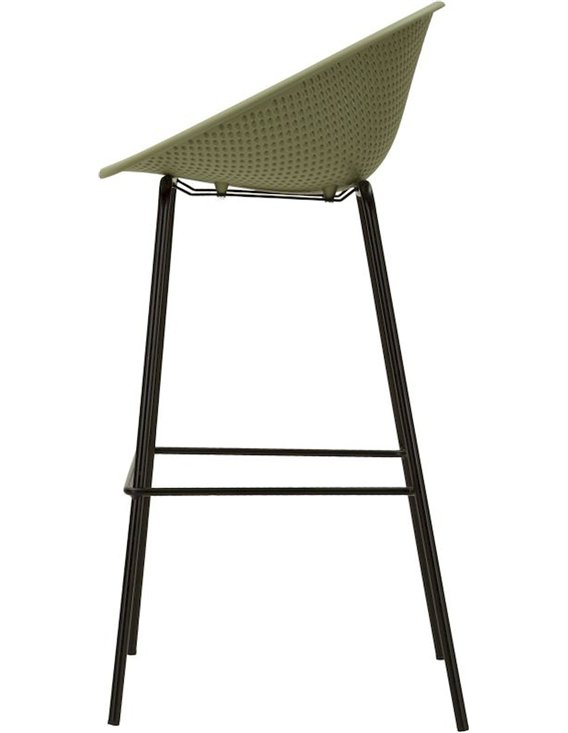 Tabouret de bar ajouré vert sauge vu de profil, assise inclinée