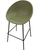 Tabouret de bar ajouré vert sauge vu de trois quarts, dossier perforé