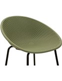 Vue rapprochée de l'assise ajourée d'un tabouret de bar vert kaki
