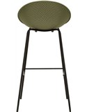 Tabouret de bar vert kaki vu de dos, pieds noirs fins en métal