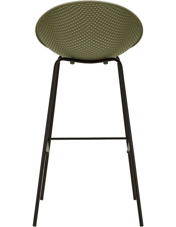 Tabouret de bar vert kaki vu de dos, pieds noirs fins en métal