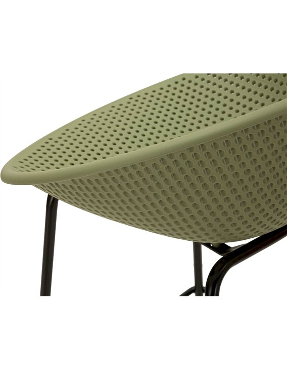 Assise ajourée vert kaki vue de profil, support métallique noir