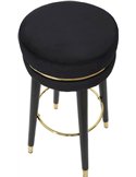 Tabouret de bar rond noir vu de face, pieds noirs et repose-pieds doré
