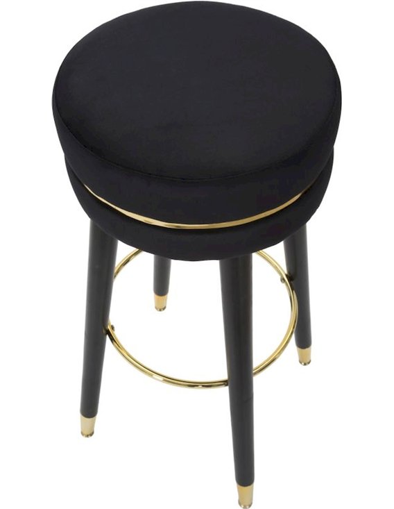 Tabouret de bar rond noir vu de face, pieds noirs et repose-pieds doré