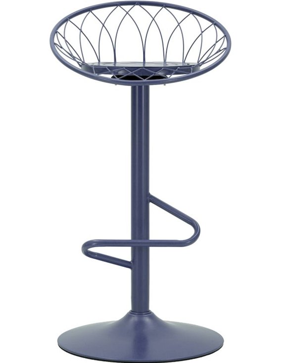 Tabouret de bar bleu marine vu de face, dossier et repose-pieds