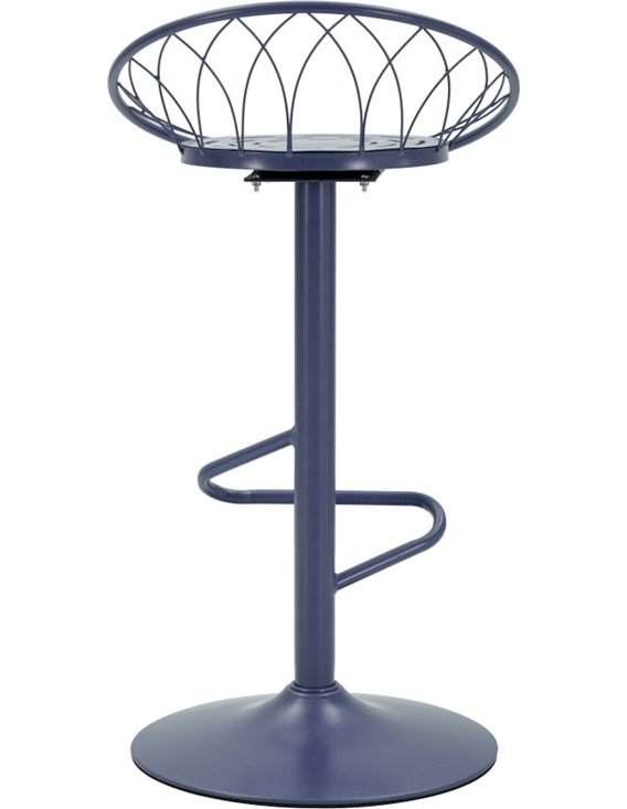 Tabouret de bar bleu marine vu de face, pied et base ronde