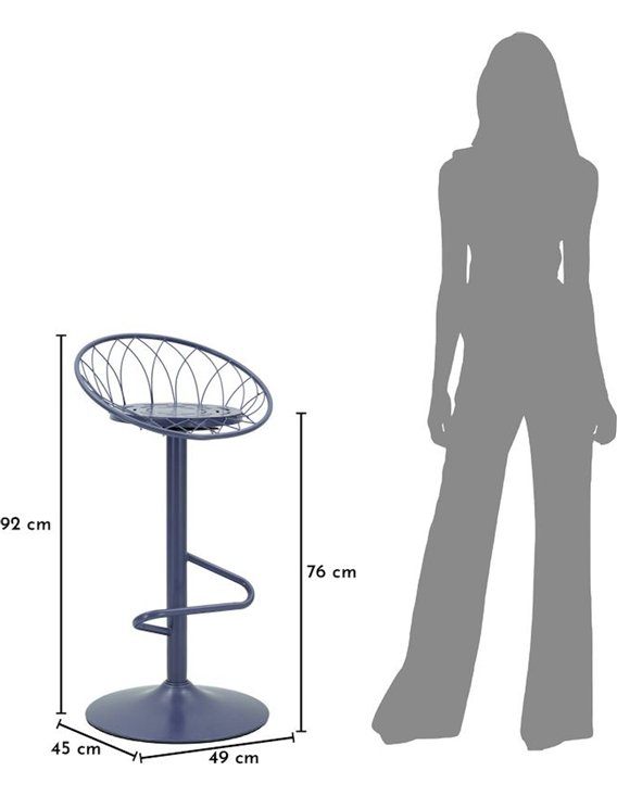 Tabouret de bar design en métal, schéma de dimensions avec silhouette humaine pour l'échelle