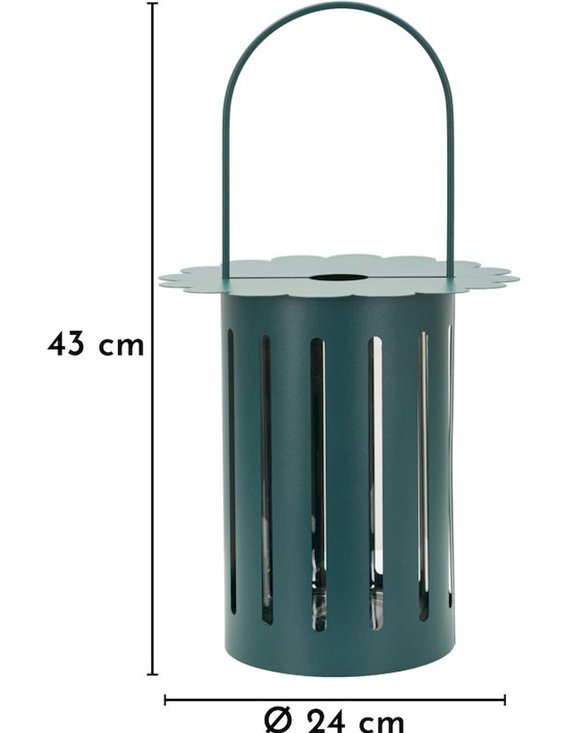 Lanterne en métal vert foncé avec schéma de dimensions 43 cm et Ø 24 cm