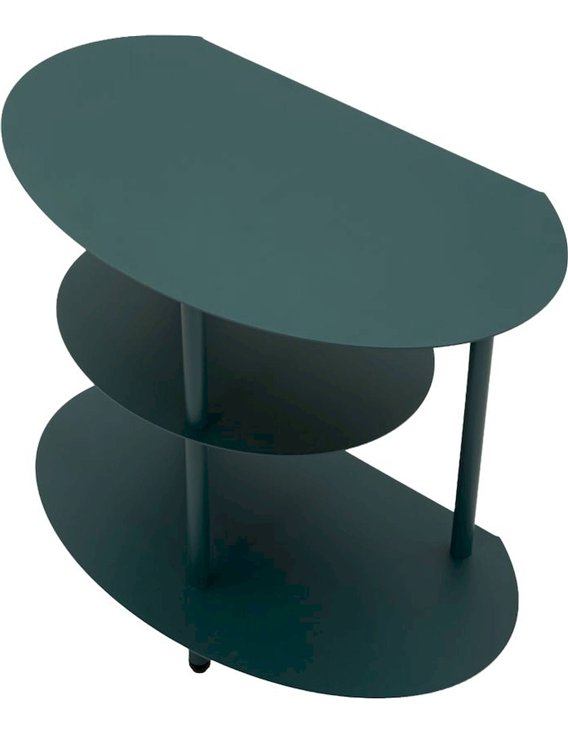 Table de chevet bleu canard, vue de face légèrement en contre-plongée