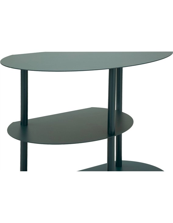 Table de chevet bleu canard vue de profil, plateaux en demi-lune superposés