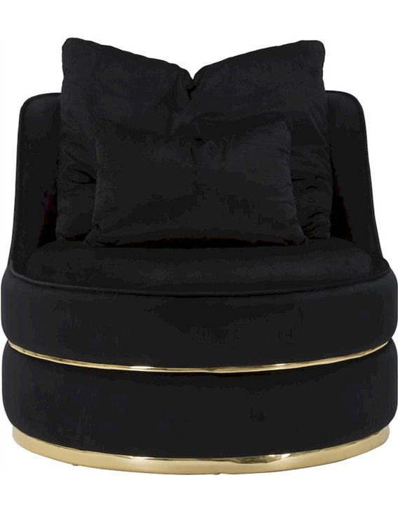 Fauteuil rond noir vu de face avec coussins et bande dorée