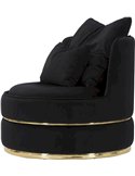 Fauteuil rond noir vu de profil avec coussins