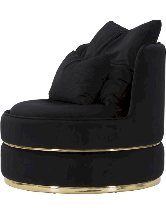 Fauteuil rond noir vu de profil avec coussins