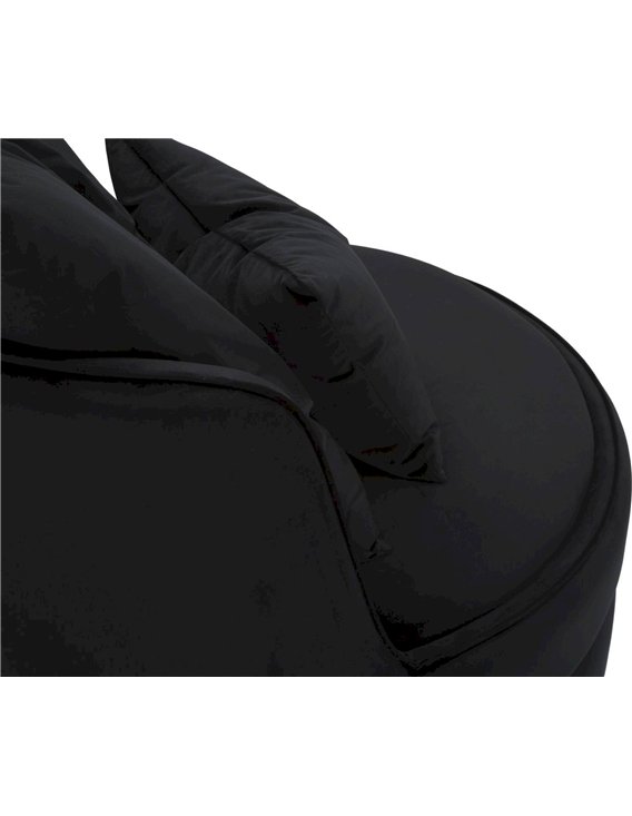 Détail des coussins noirs et du rebord du fauteuil
