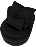 Fauteuil rond noir vu de dessus, coussins en place