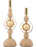Bougeoirs en fer beige de profil, base en demi-sphère et perles empilées