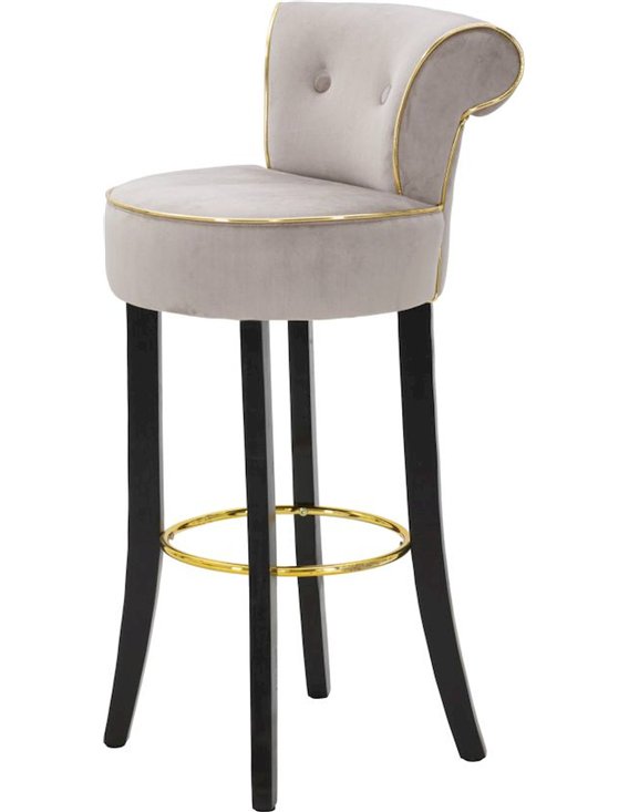 Tabouret de bar rond capitonné gris taupe à pieds noirs et anneau doré