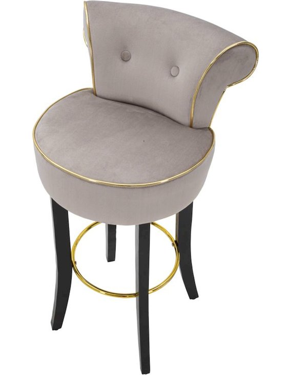 Tabouret de bar gris taupe vu de face avec repose-pieds doré