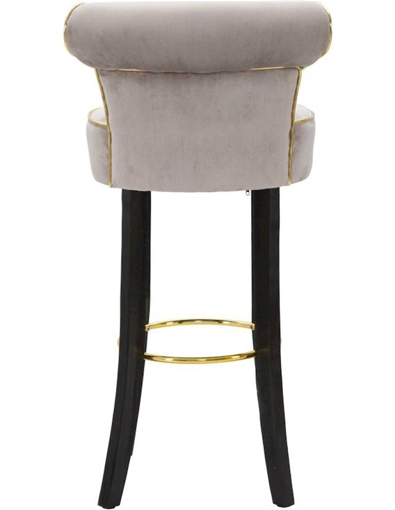 Tabouret de bar gris taupe vu de haut, assise ronde et dossier passepoilé