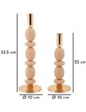 Bougeoirs en métal beige et doré, schéma des dimensions sur fond blanc