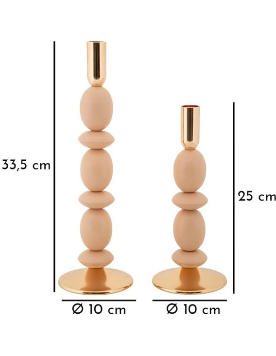 Bougeoirs en métal beige et doré, schéma des dimensions sur fond blanc