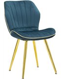 Chaise capitonnée bleu canard aux pieds dorés, vue de trois quarts