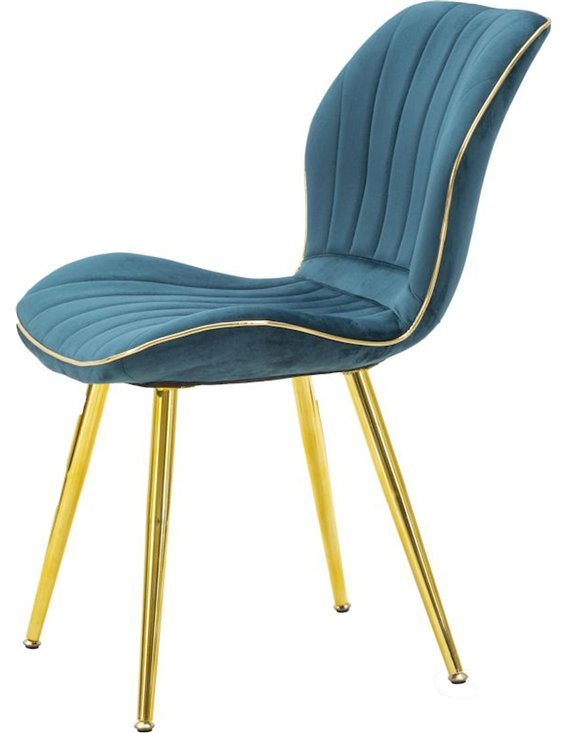 Chaise bleu canard vue de profil avec liseré doré sur le contour