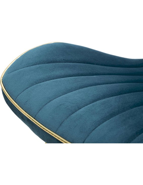 Détail du capitonnage bleu canard de l'assise avec liseré doré
