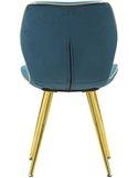 Chaise bleu canard vue de dos avec couture centrale et pieds dorés