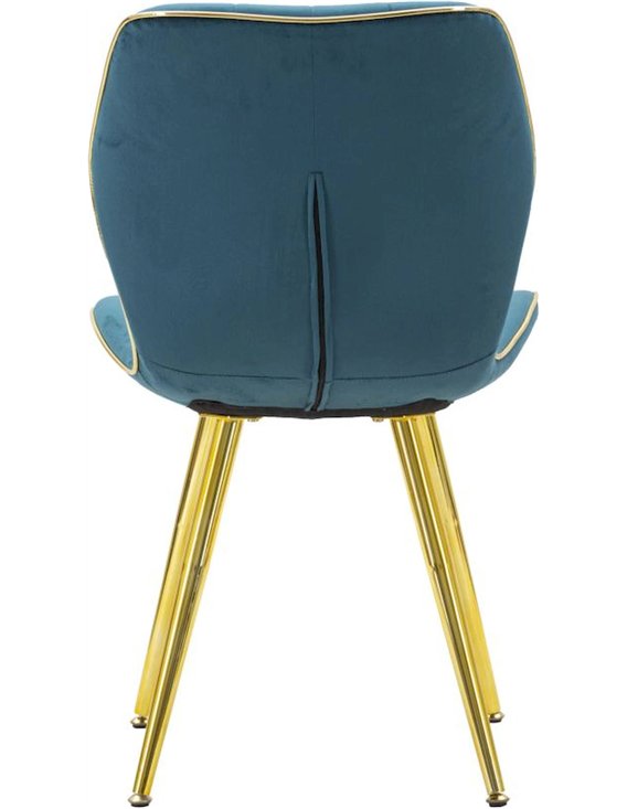 Chaise bleu canard vue de dos avec couture centrale et pieds dorés