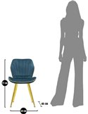 Chaise bleu canard avec schéma de dimensions et silhouette humaine pour l'échelle