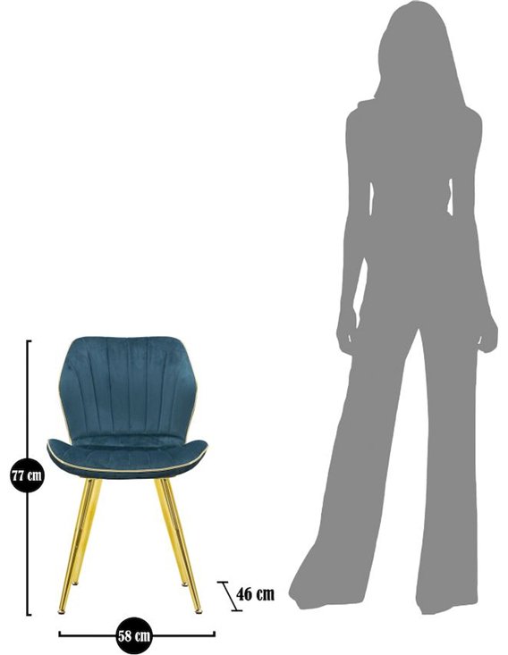 Chaise bleu canard avec schéma de dimensions et silhouette humaine pour l'échelle