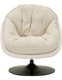 Fauteuil pivotant rétro enveloppant crème de face, coussin tissé beige