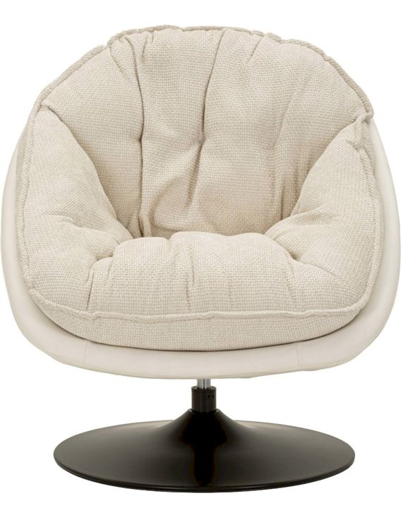 Fauteuil pivotant rétro enveloppant crème de face, coussin tissé beige